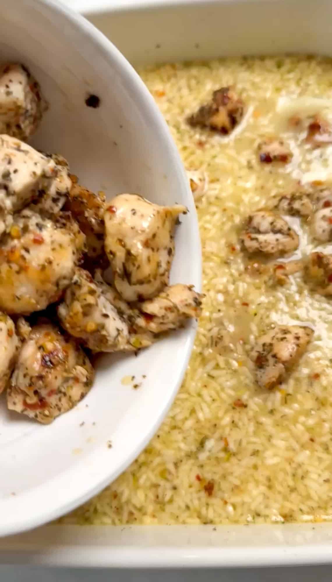 adding ingredients to chicken rice casserole