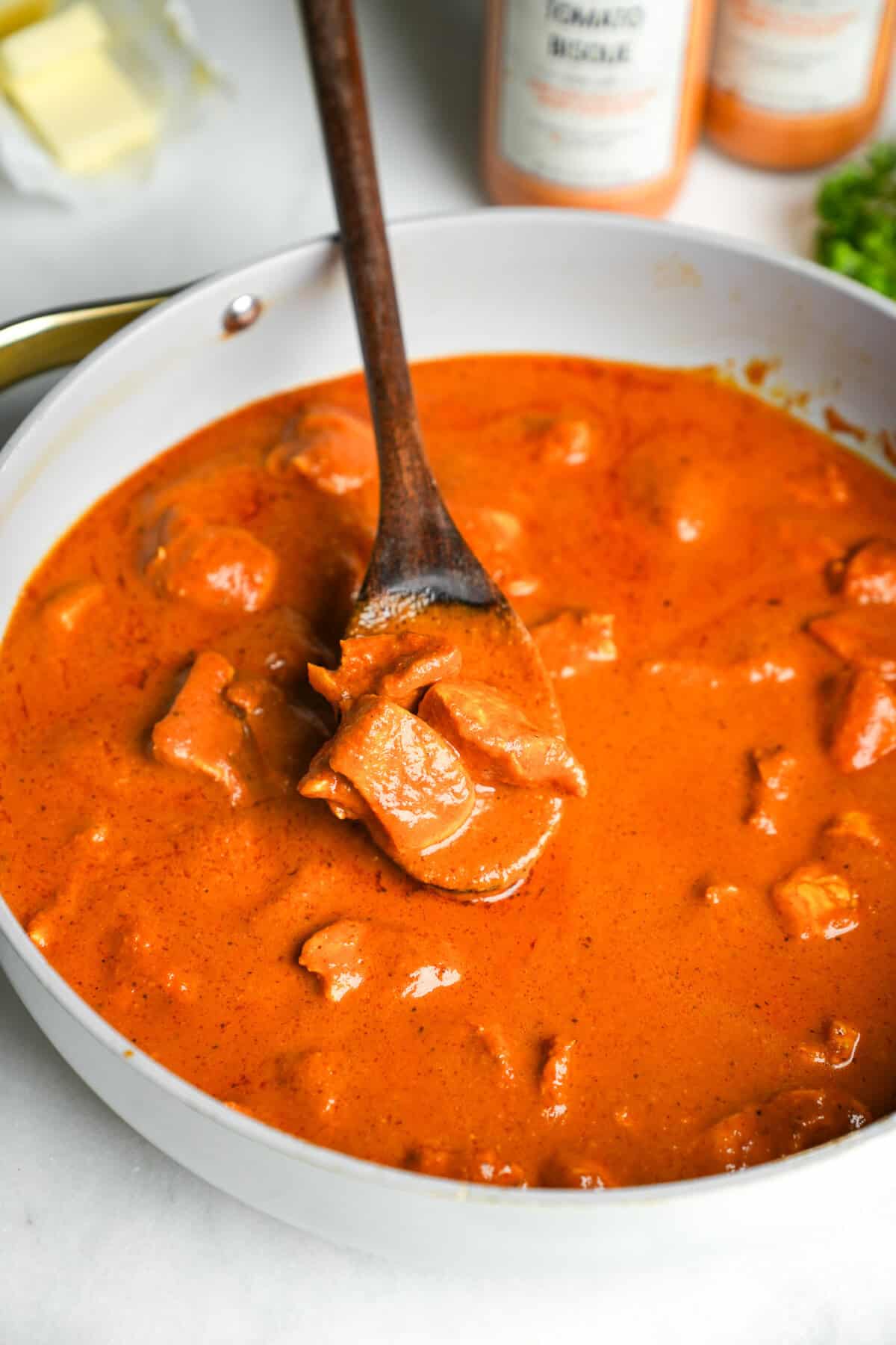 finished butter chicken in a skillet