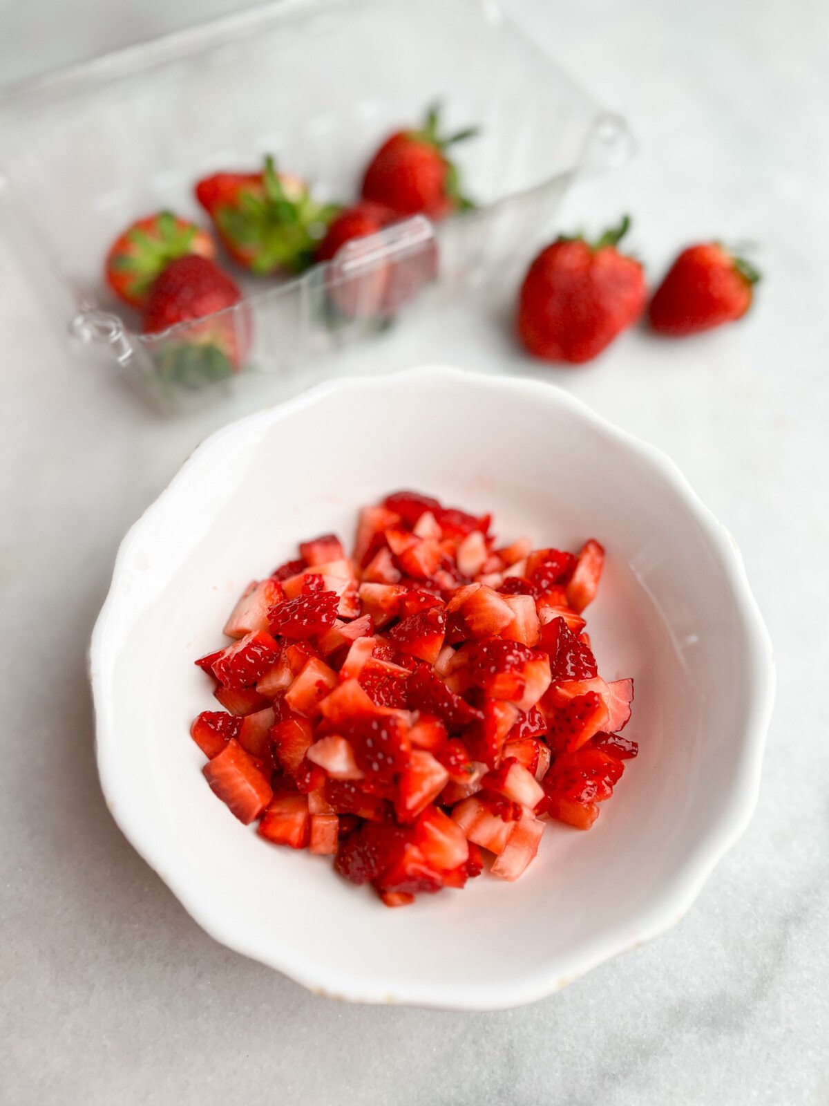 diced strawberries on the counter