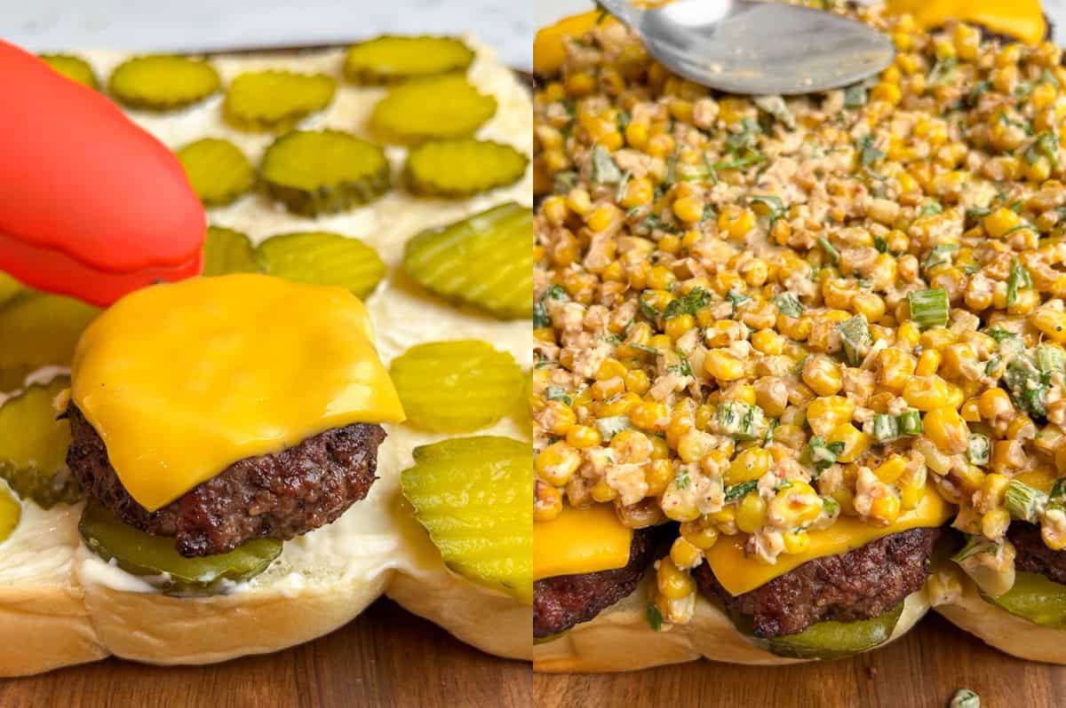 assembling street corn cheeseburger sliders