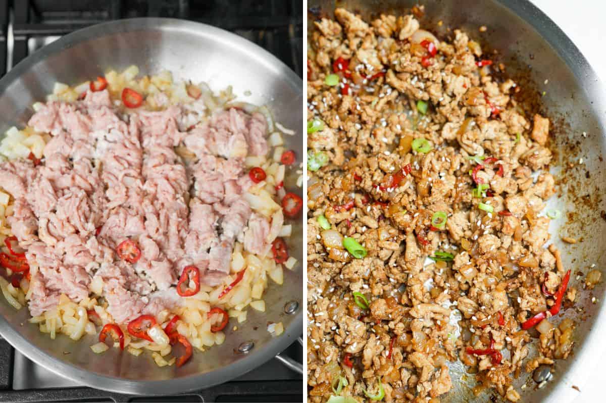before and after steps of making gochujang chicken