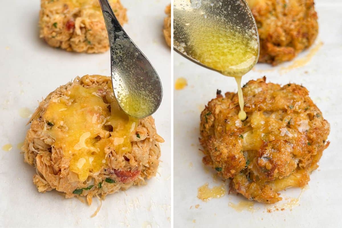 spreading butter on crab cakes before and after they bake
