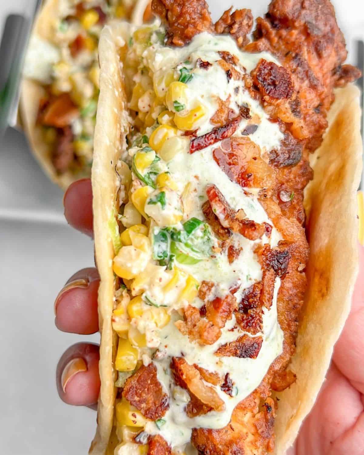 fried chicken street corn taco with jalapeno lime ranch