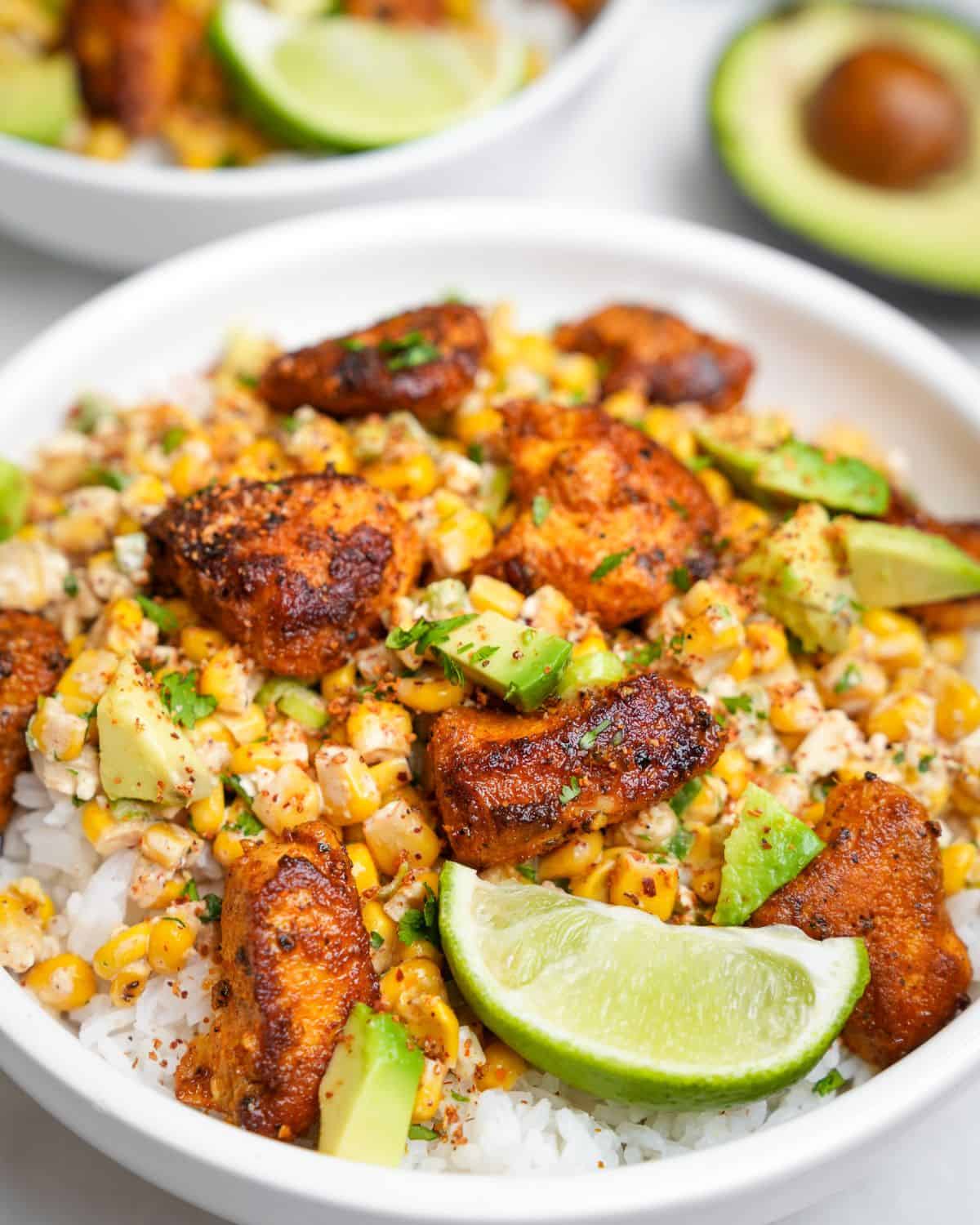 street corn chicken bowls with rice and avocado