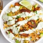 rice bowls with chicken, street corn and creamy jalapeno sauce