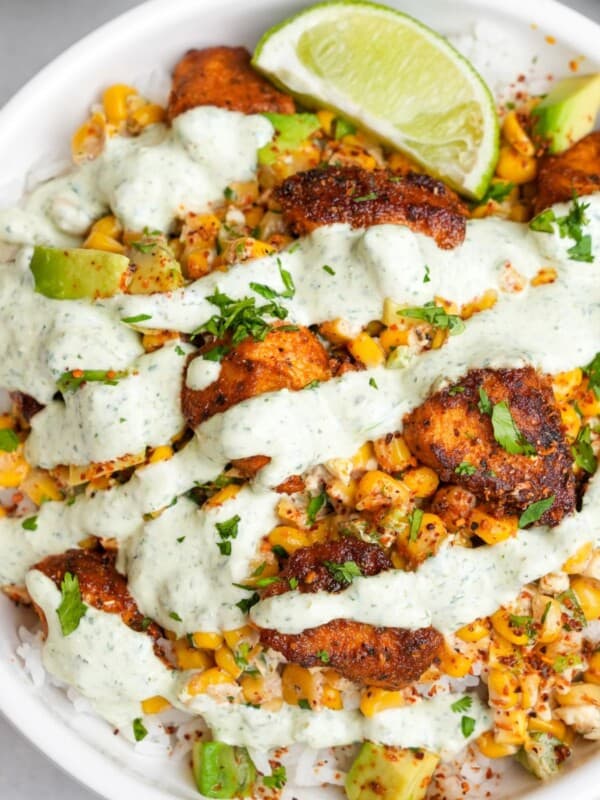 rice bowls with chicken, street corn and creamy jalapeno sauce