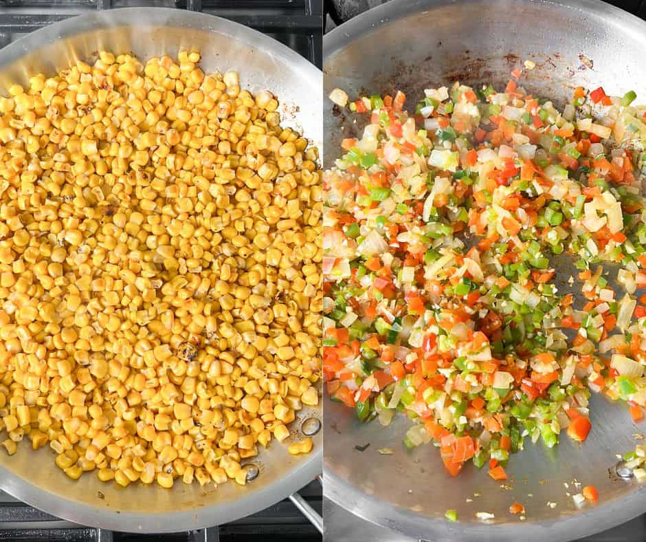 before and after sautéing corn, peppers and onions