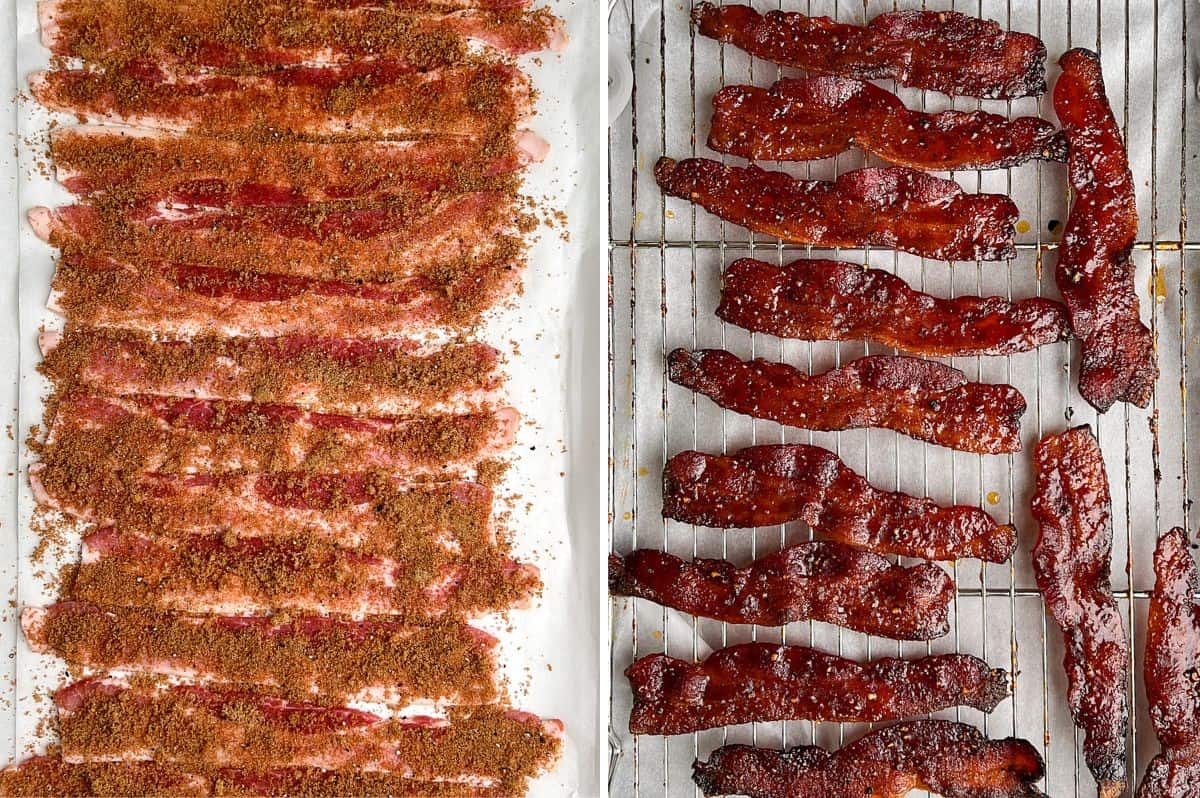 candied bacon on a pan before and after baking