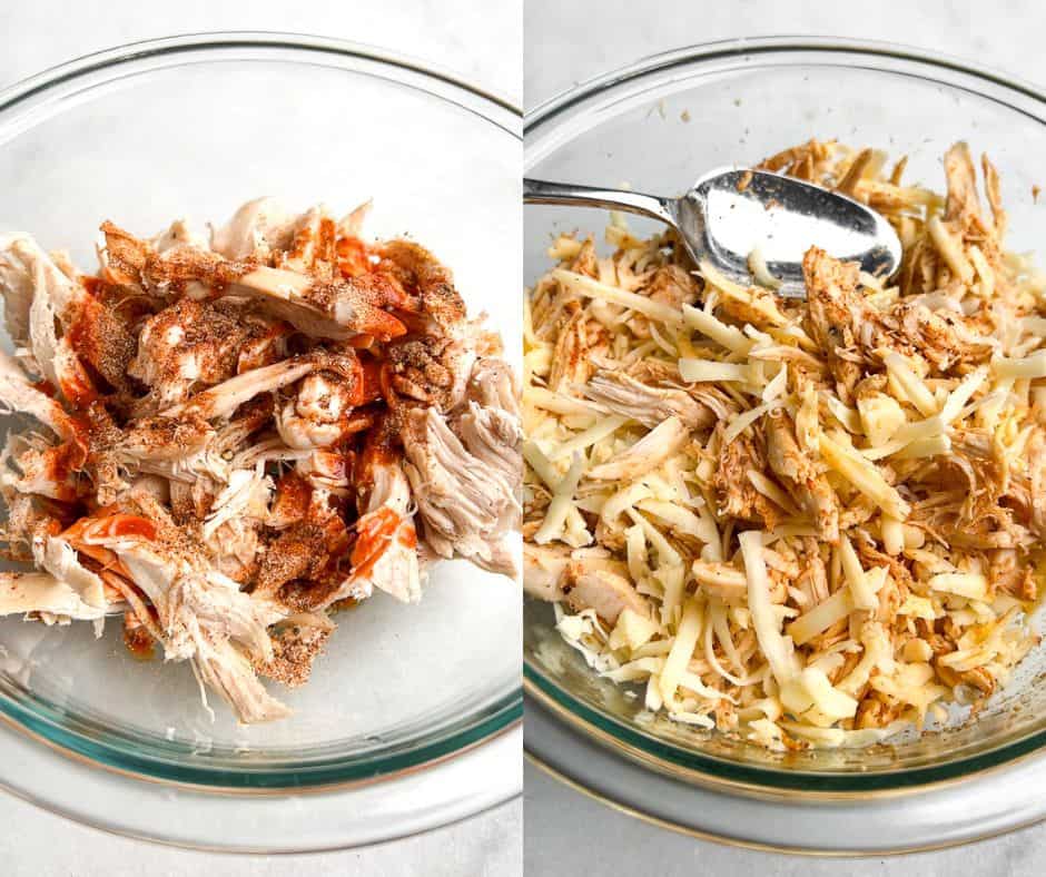 shredded chicken, seasonings, and cheese in a bowl