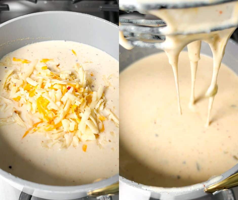 adding cheese to the white enchilada sauce.