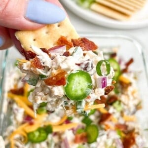 jalapeno popper chicken salad on a cracker being held in hand