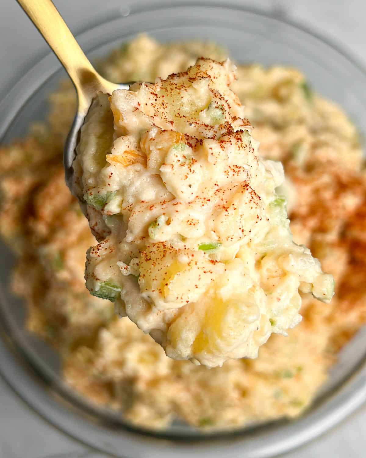 potato salad on a spoon and in a bowl