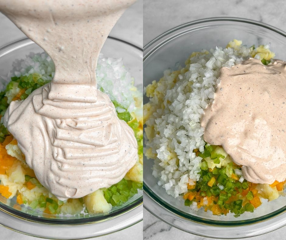 pouring the dressing over the potato salad with no eggs