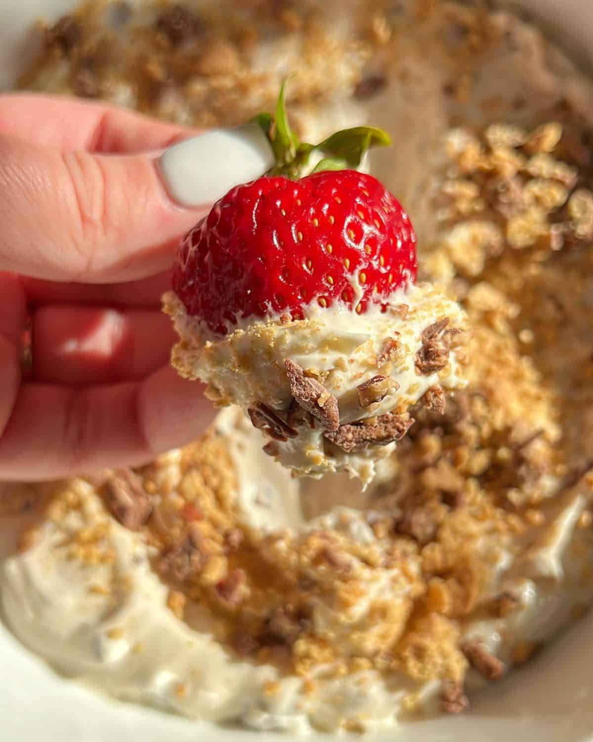 no bake smores dip with a strawberry