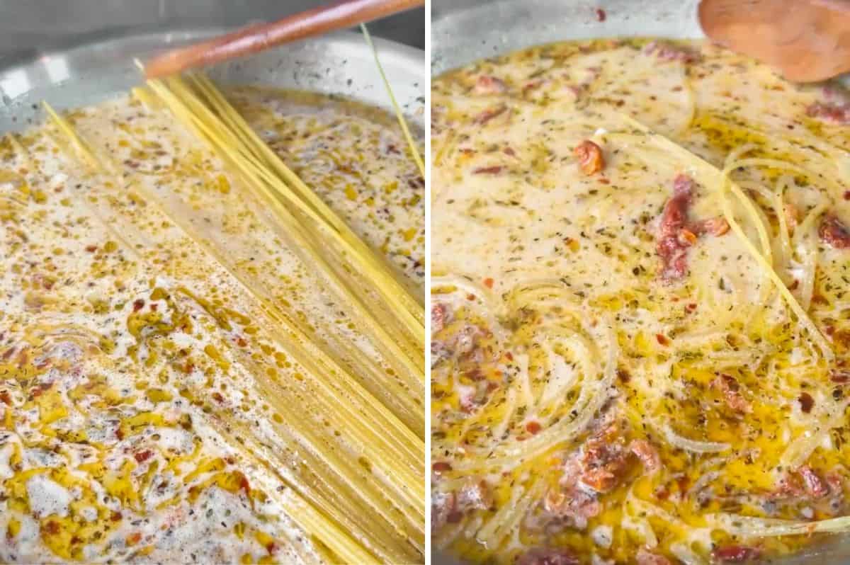 adding spaghetti into the one-pan meal