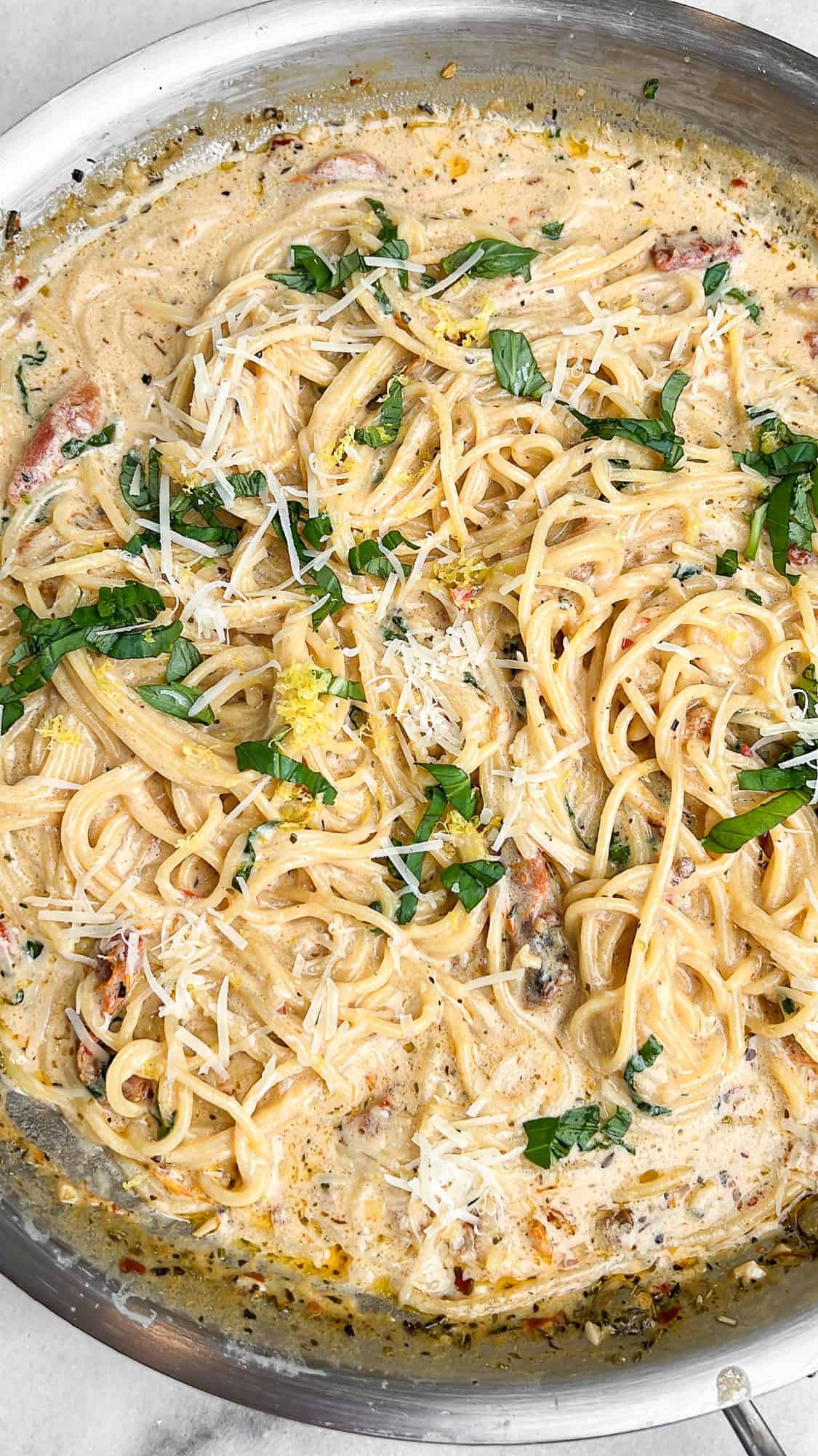 creamy tuscan pasta in a pan