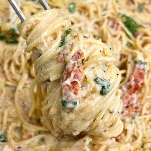 pasta twirled around a fork