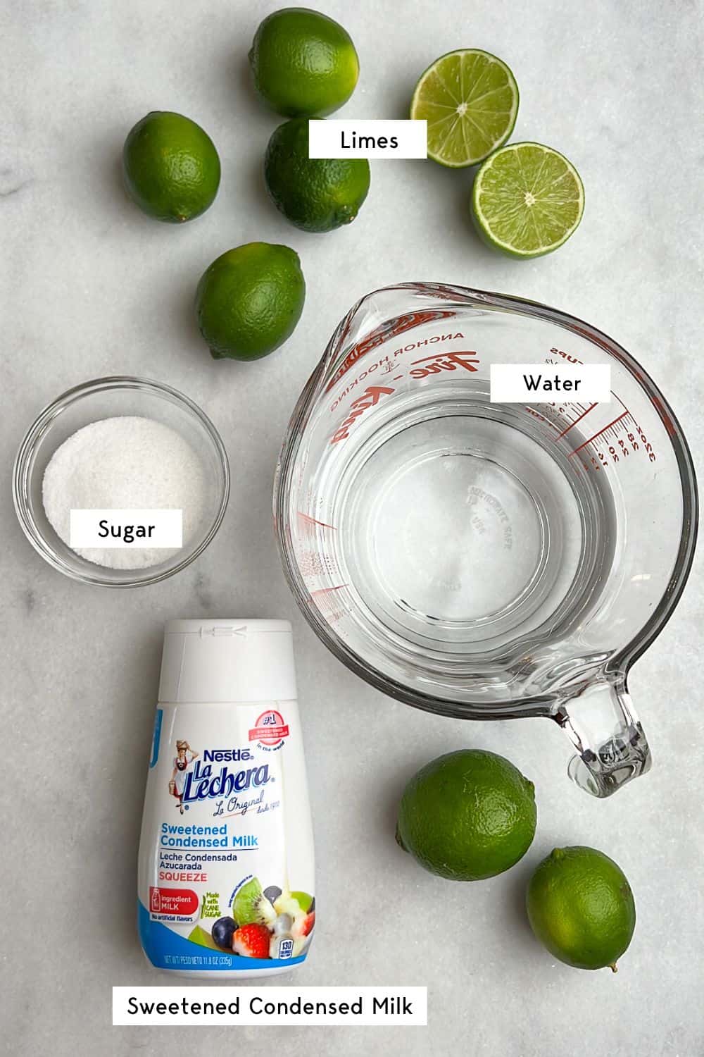 Labeled ingredients for Brazilian limeade.