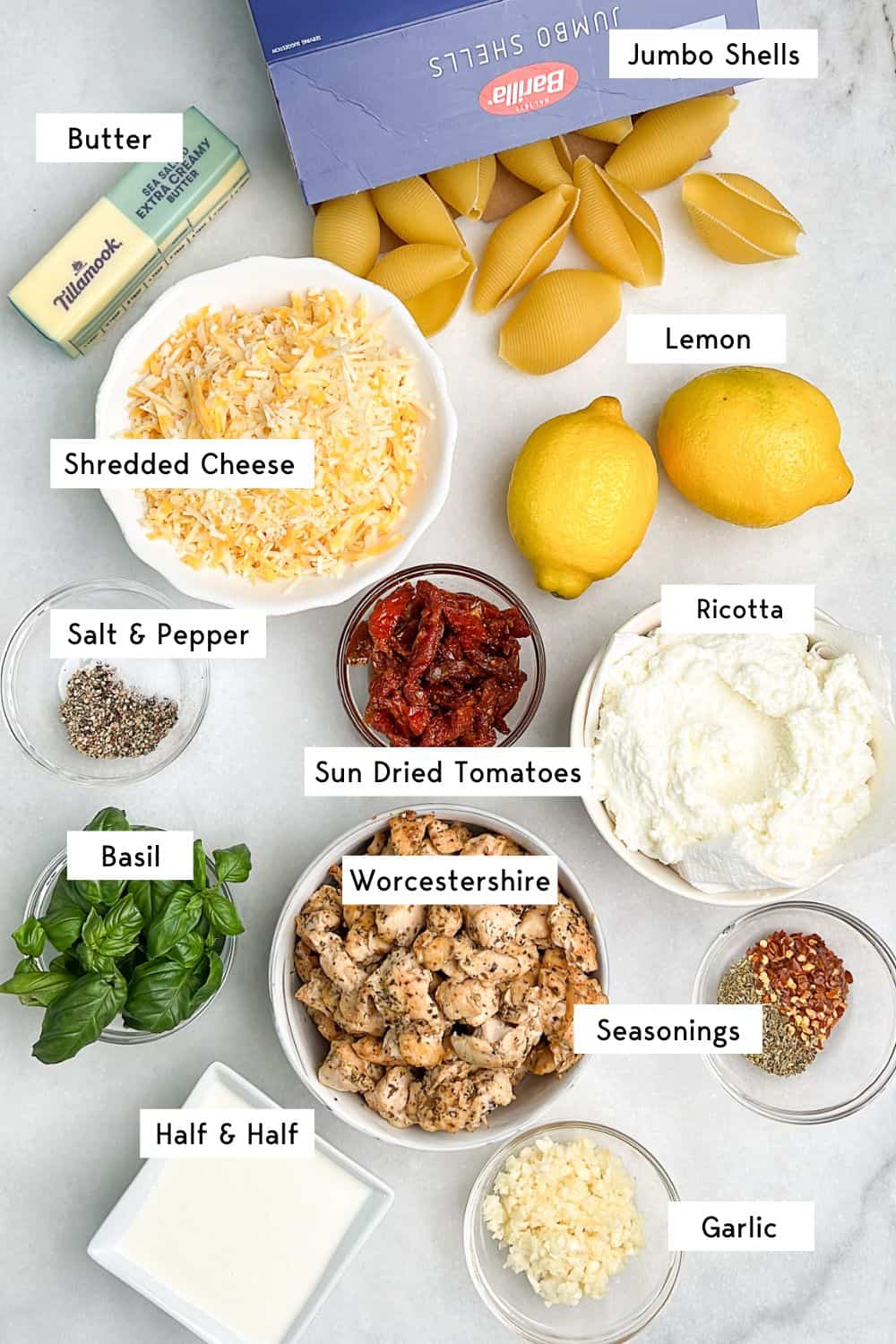 Labeled ingredients marry me chicken stuffed shells.