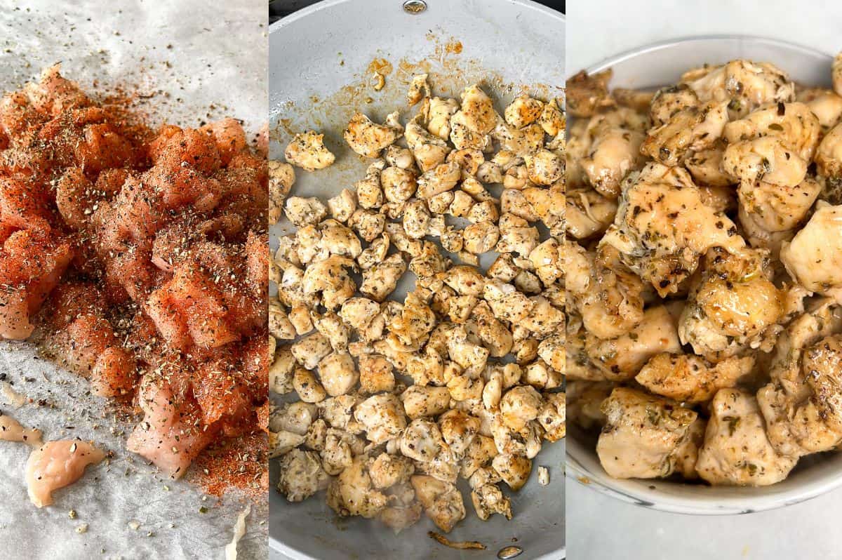 Gallery of process shots of seasoning and cooking chicken for marry me stuffed shells.
