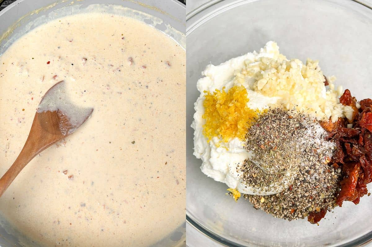 Two images side by side. One is of the sauce for marry me stuffed shells, and the other is of the ingredients for the filling in a bowl.