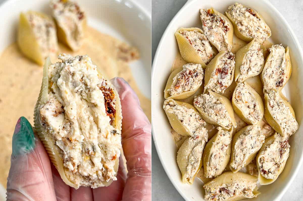 Two images side by side. One is of a hand holding a marry me chicken stuffed shell and the other of a plate full of the same stuffed shells.