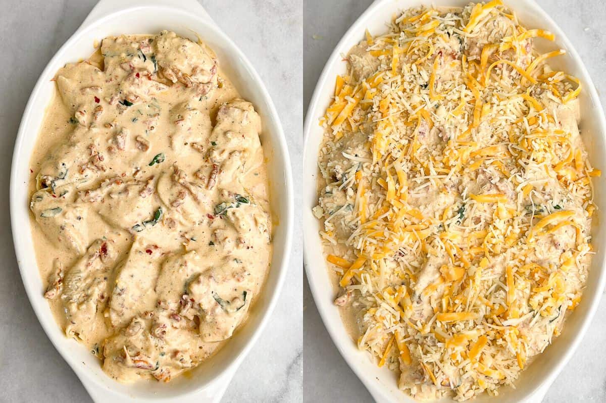 Two process shots; one of stuffed shells smothered in creamy sauce and the other of the same shells covered in grated cheese.