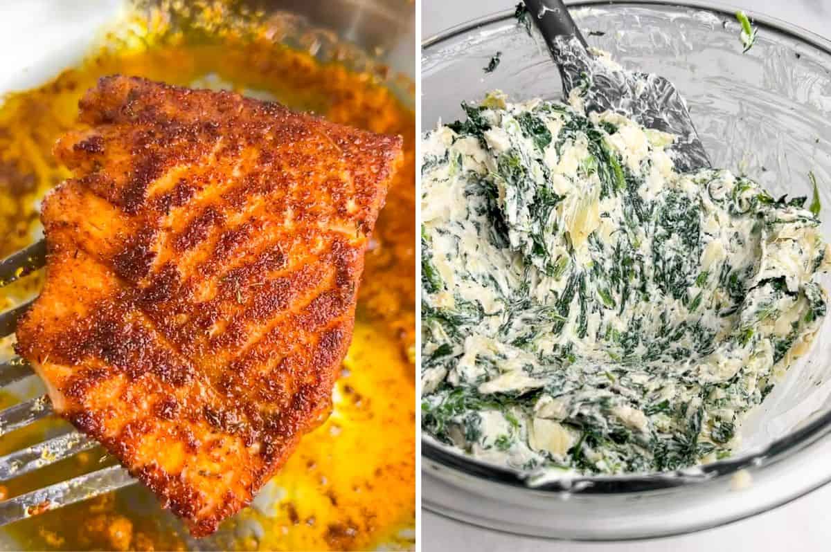 Side-by-side images. One is of blackened Cajun salmon, and the other is of a bowl full of spinach artichoke spread.