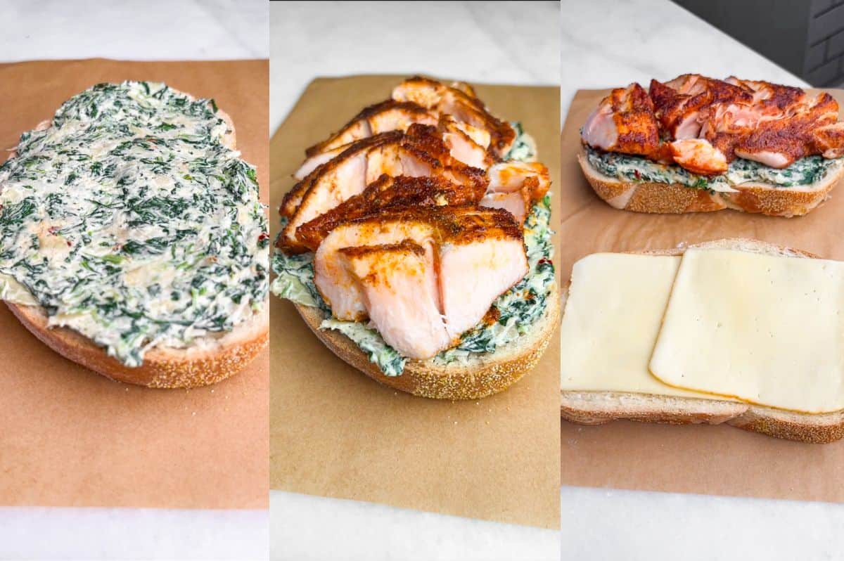A collage of images illustrating how to assemble a salmon grilled cheese.