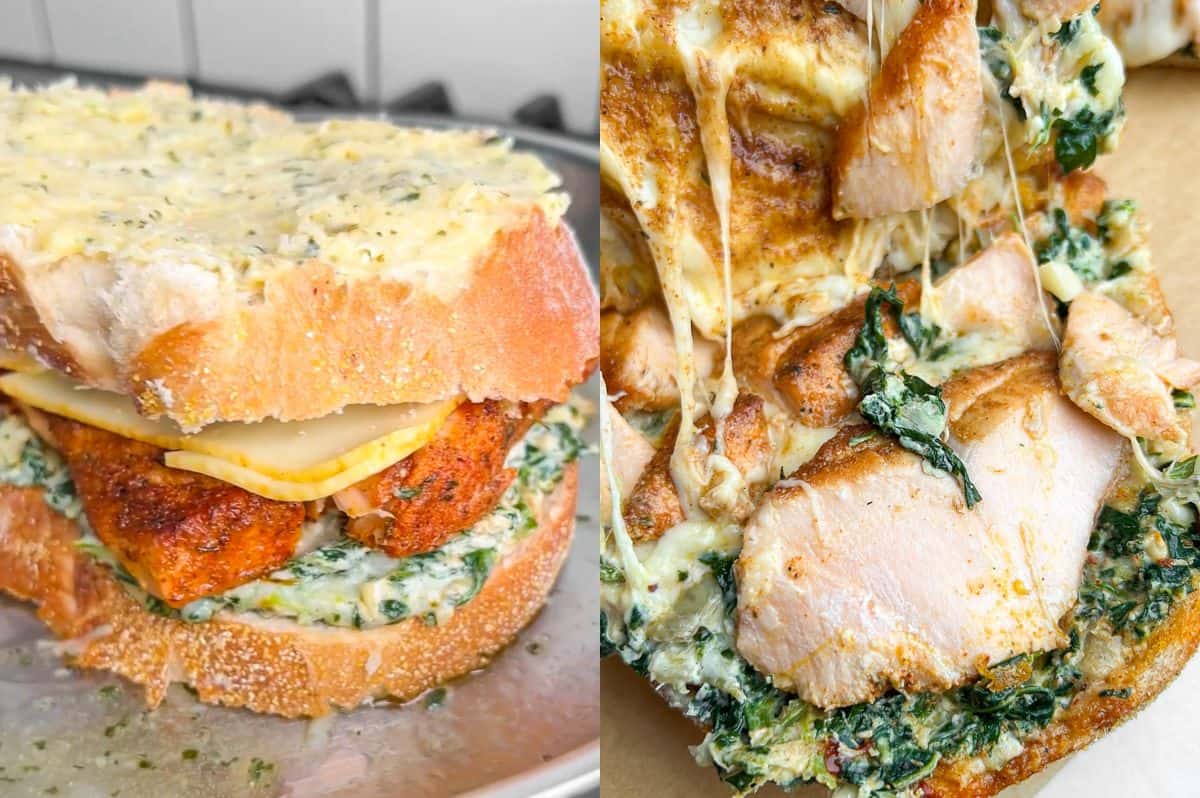 Side by side images, one of a salmon grilled cheese ready to go in the skillet, and the other of the inside of that same sandwich after it's been cooked.