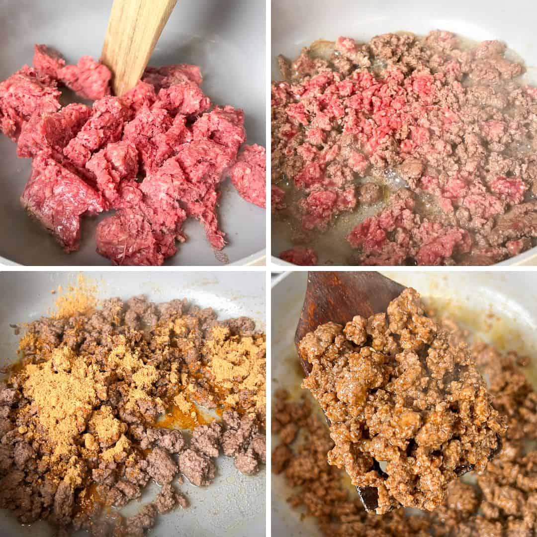 Collage of images showing how to season, coo, and crumble ground beef.
