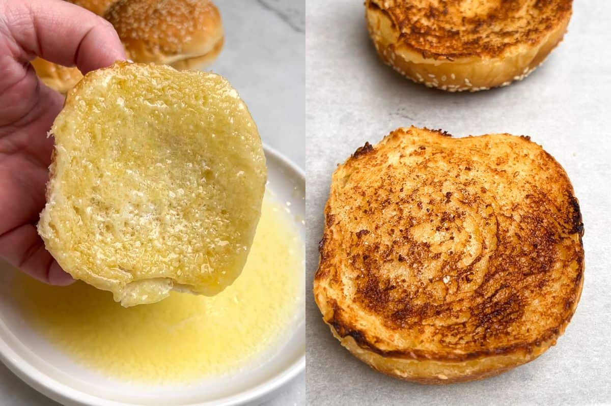 Side by side images. One shows a burger bun being dipped in melted butter, the other shows toasted burger buns.