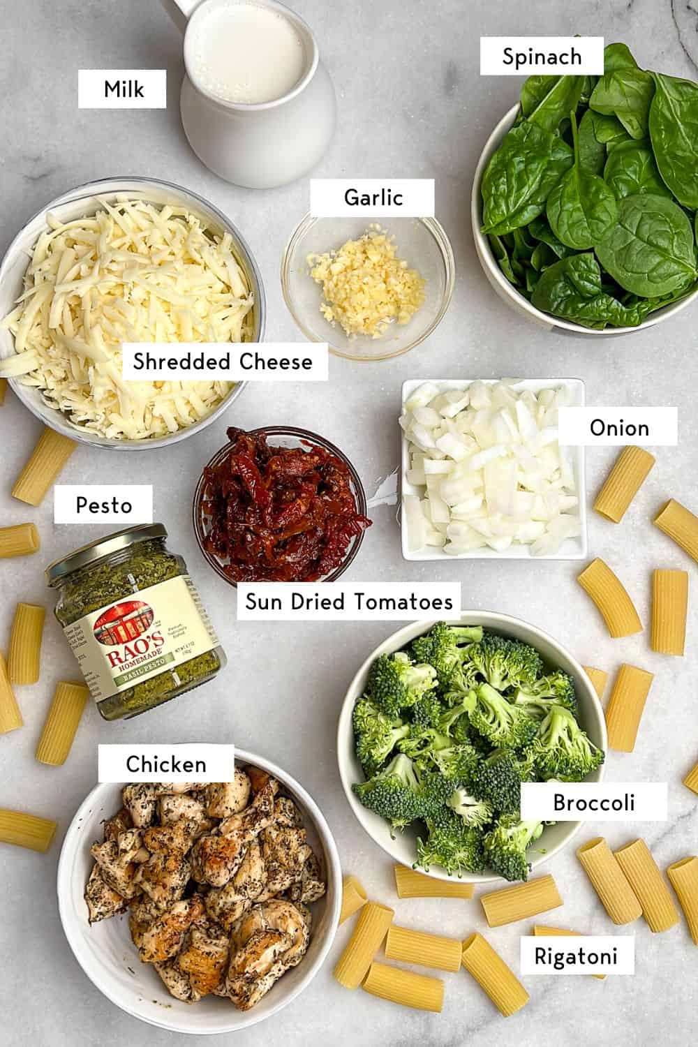Labeled ingredients for pesto chicken pasta bake.