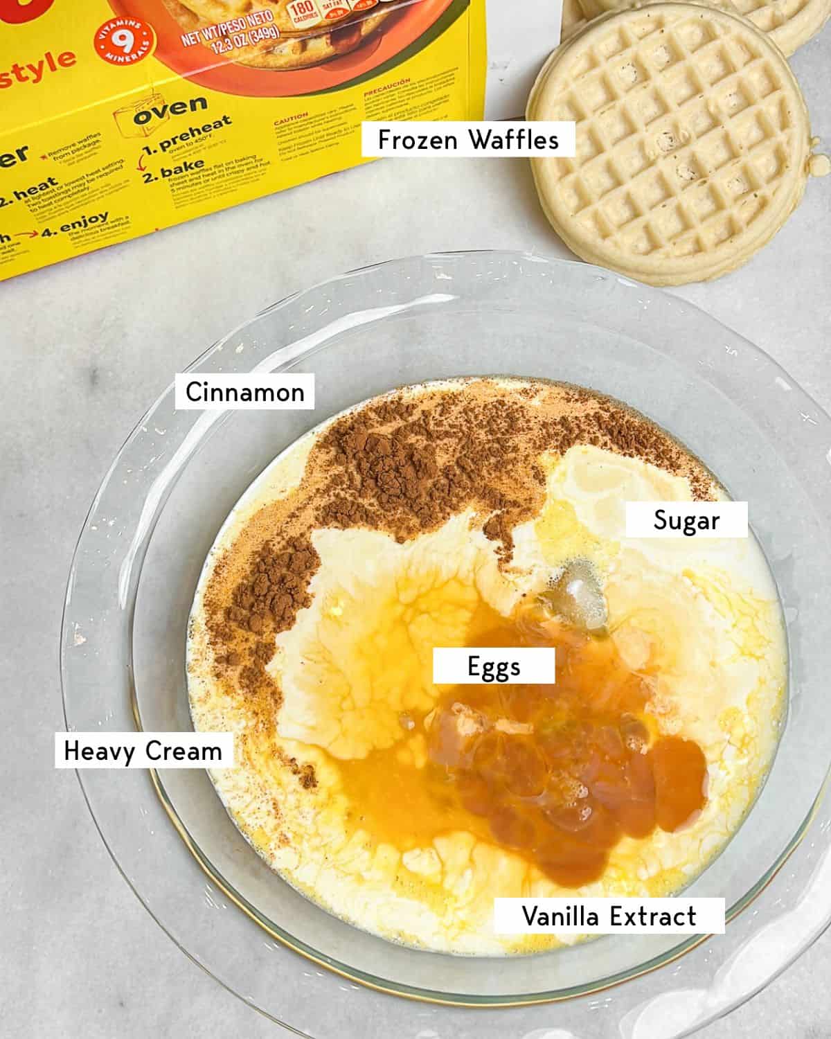 Labeled ingredients for French toast waffles.