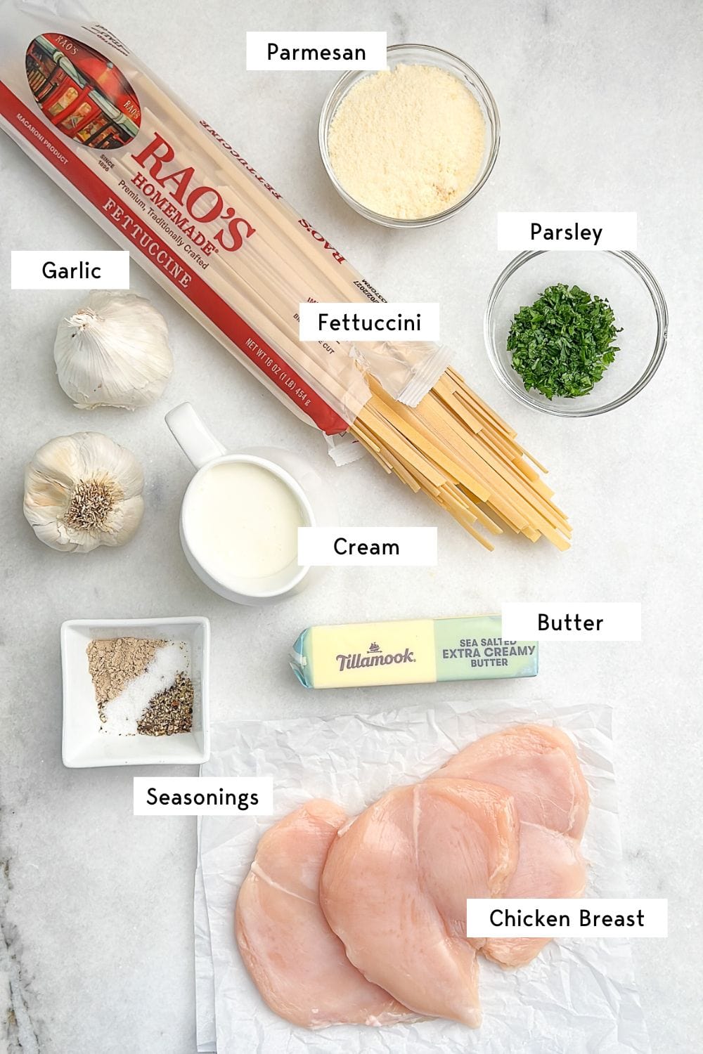 Ingredients measured out for chicken alfredo
