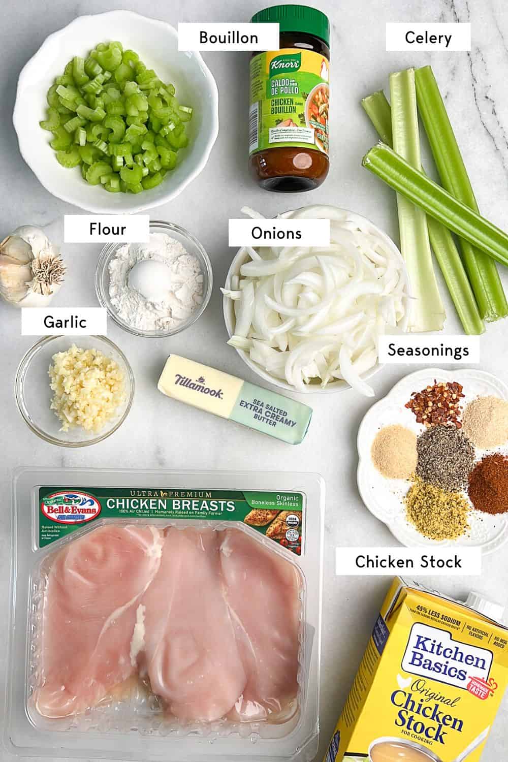 Labeled ingredients for slow cooker smothered chicken recipe.