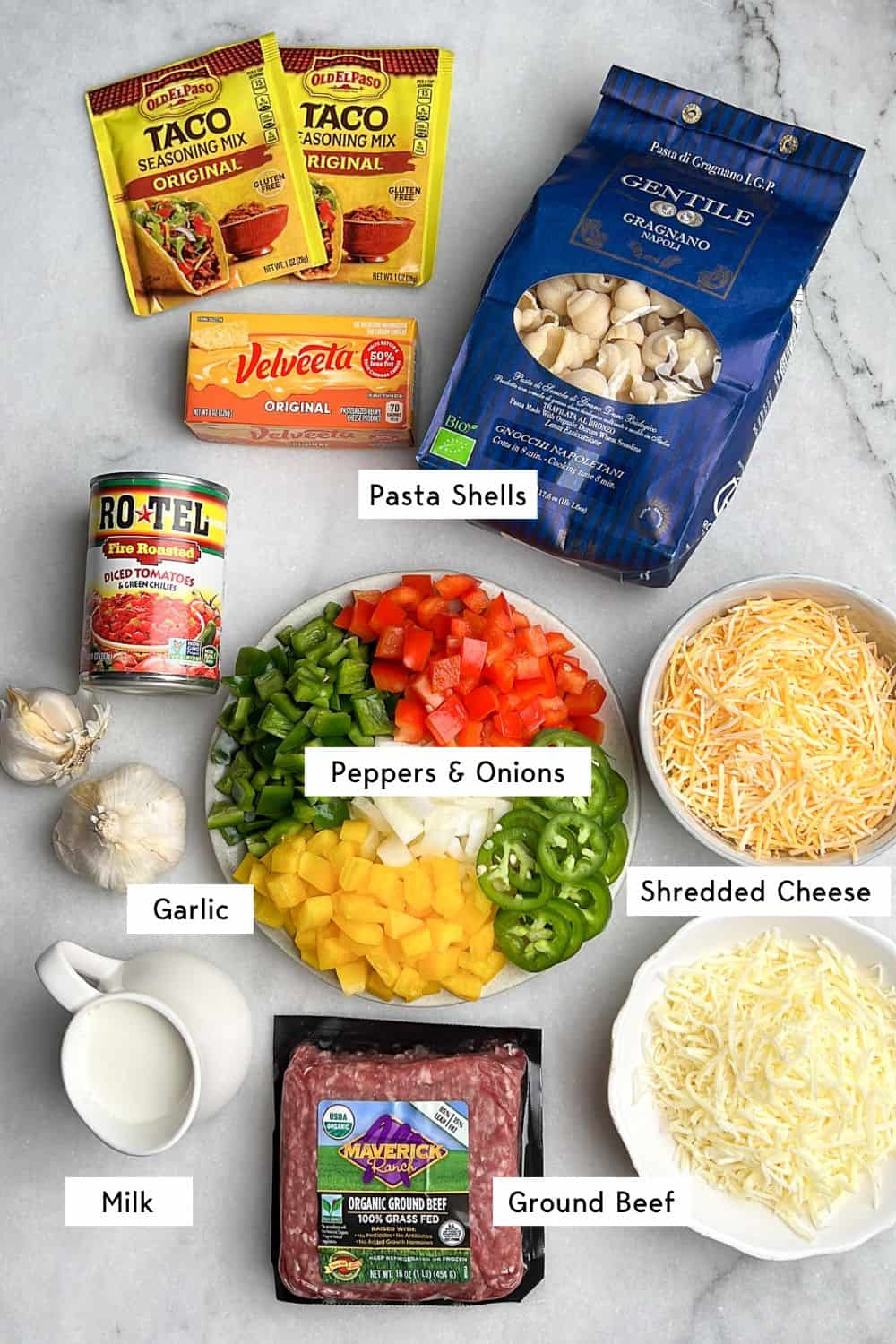 Labeled ingredients for taco mac and cheese.