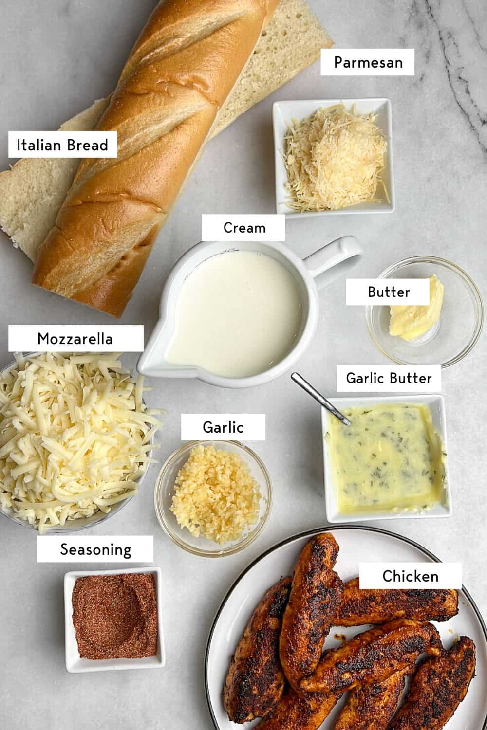 Labeled ingredients for chicken alfredo garlic bread.