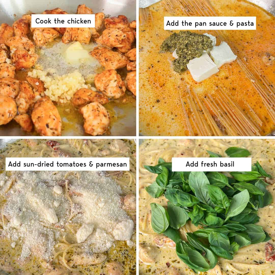 step by step instructions on how to make pesto sun-dried tomato pasta