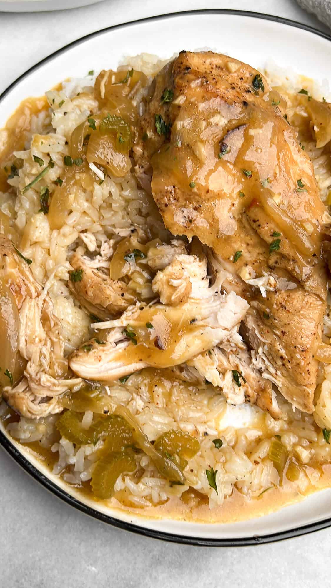 Overhead image of slow cooker smothered chicken served over rice.