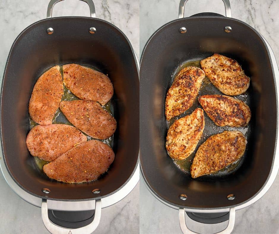 Searing chicken breasts in a slow cooker.