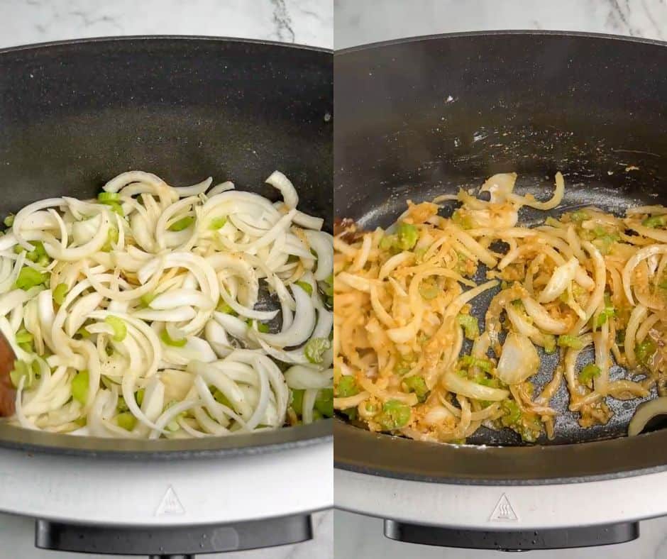 Sautéing onion, celery, and garlic in a slow cooker.