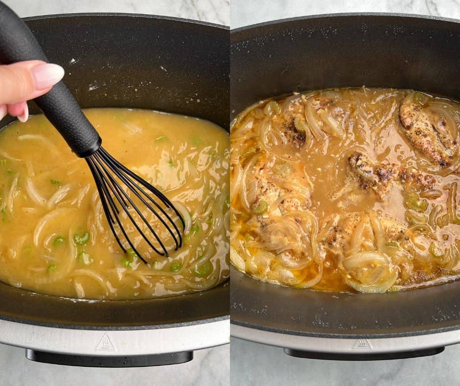 Process shot showing (1) how to whisk broth and bouillon into a roux and (2) how to load a slow cooker up to make smothered chicken.