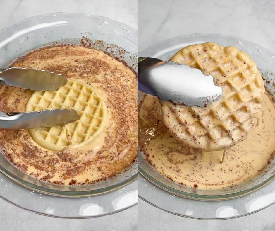 A collage of images showing how to soak frozen waffles in French toast batter.