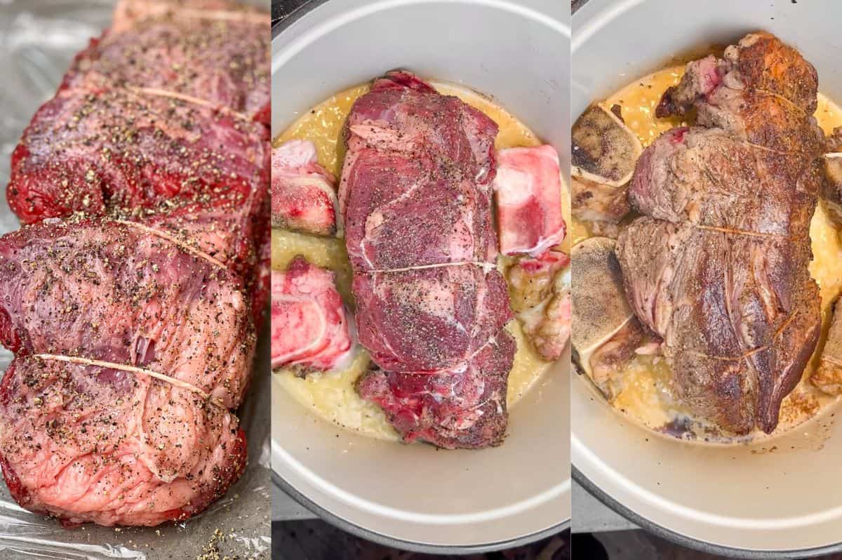 Craving a cozy meal? This red wine pot roast is it! With tender meat and rich flavors, it’s an indulgent dish made for chilly nights. Step-by-step images of seasoning and searing the pot roast.