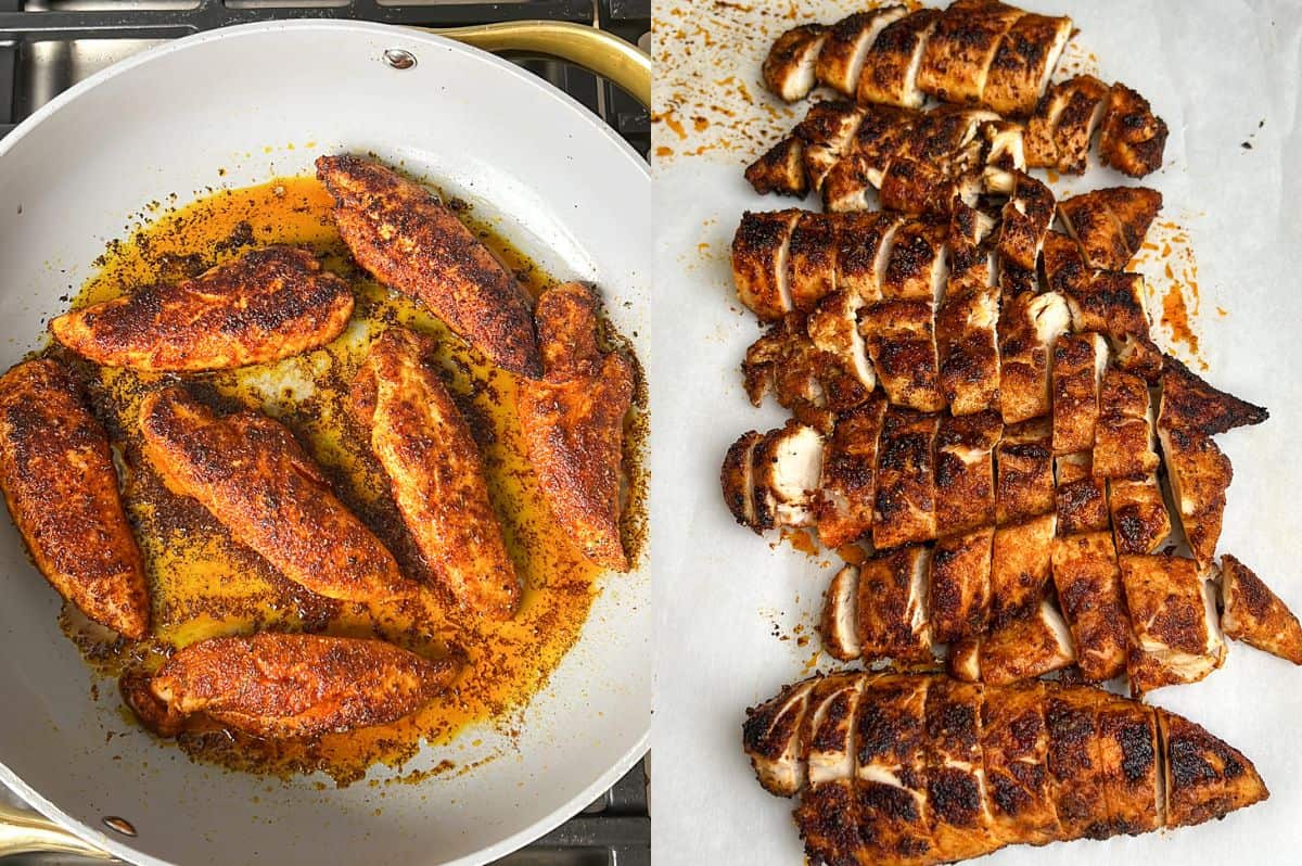 Step-by-step images for making Cajun-seasoned chicken tenderloin in a skillet.