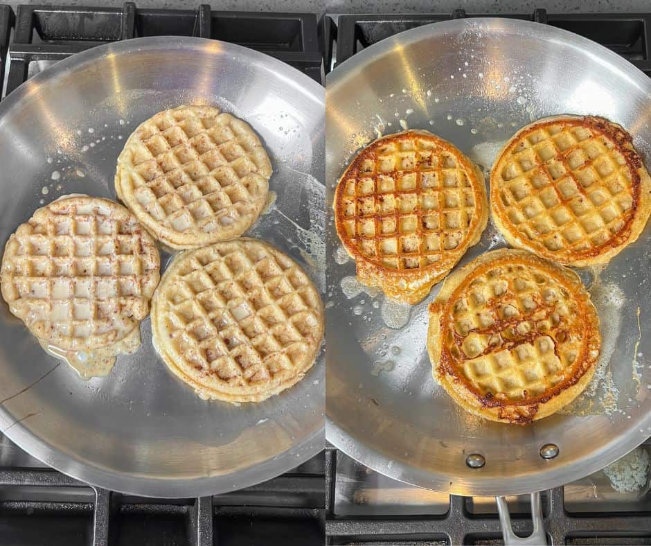 Collage of images showing how to cook French toast waffles in a skillet.