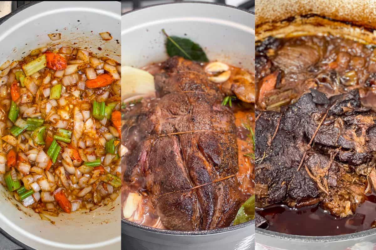 Step-by-step images of sauteing veggies, loading up a Dutch oven with a pot roast, and slow roasting it.
