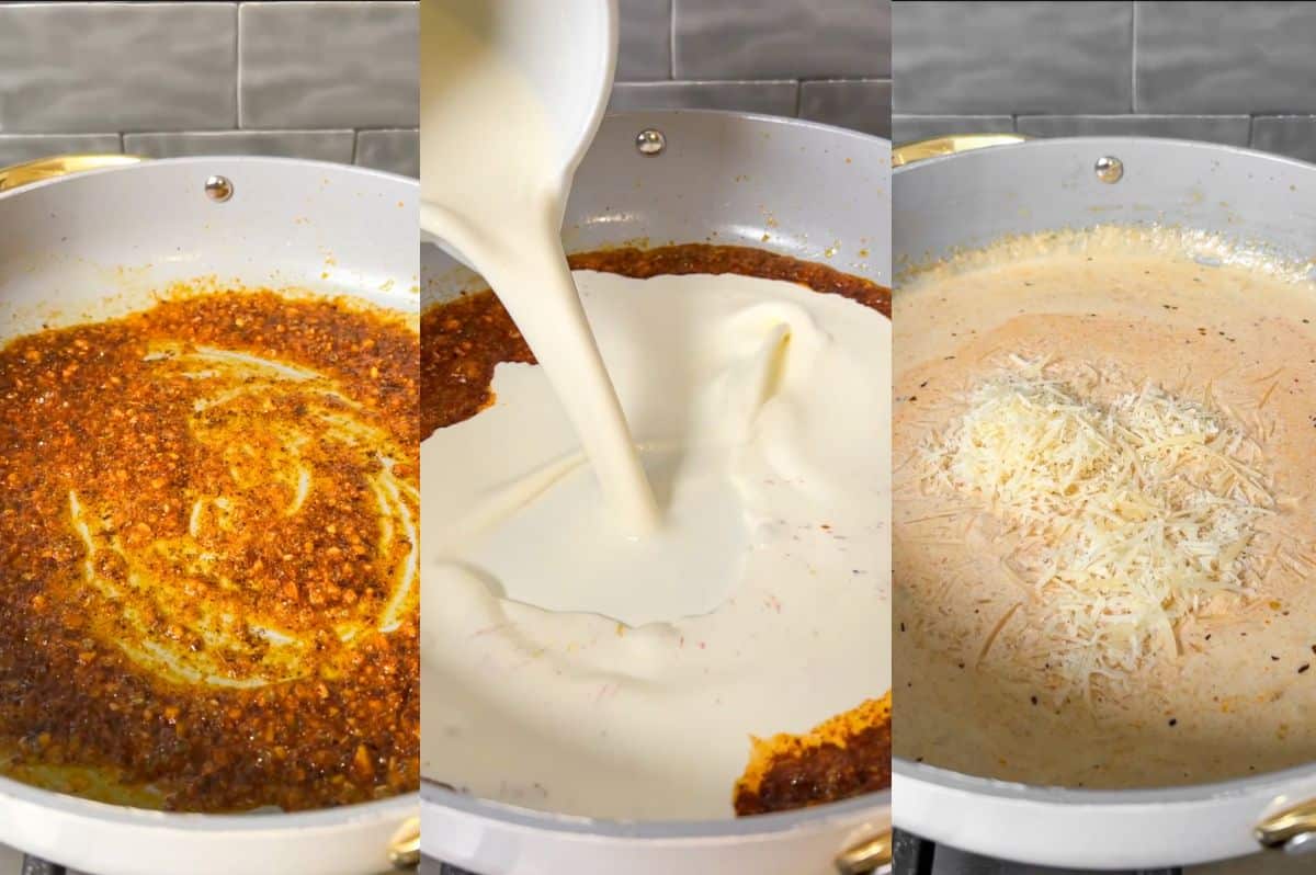 Step-by-step images for making creamy Cajun Alfredo sauce.