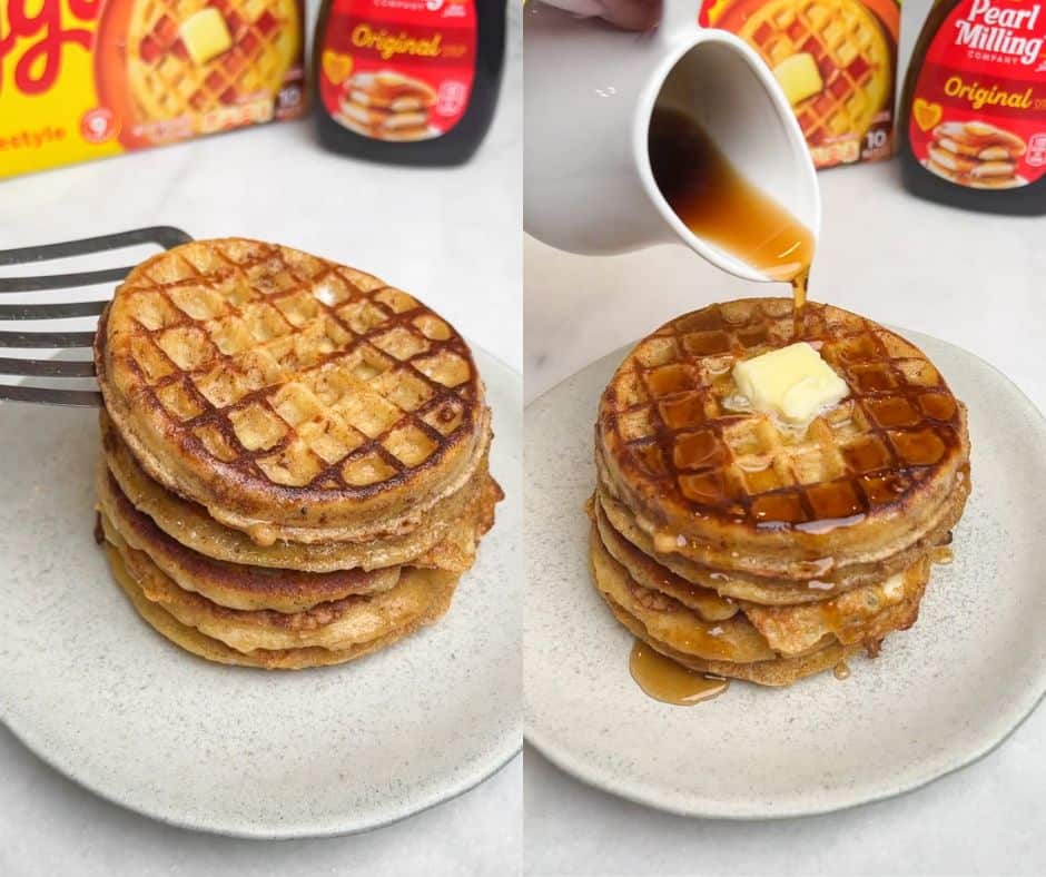 Collage of images. One shows stacking French toast waffles onto a plate. The other shows topping the waffles with butter and maple syrup.